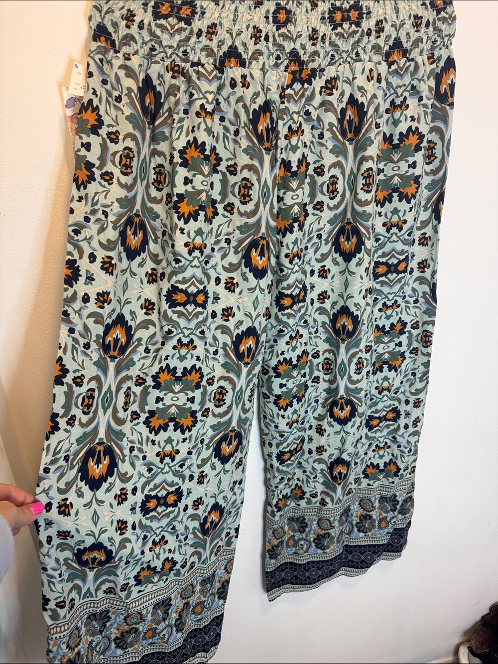 Sage Green Floral Paisley Pants with Smocked Waistband - Picture 7 of 9